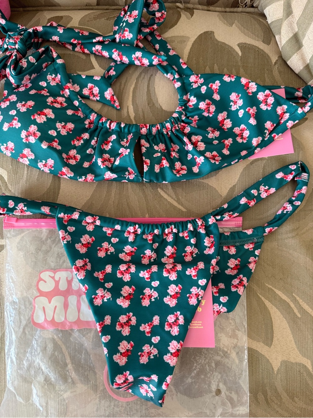 Strawberry Milk Mob Teal Floral Bikini with Pink Blossoms